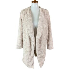 The Linen Duck Beige Textured Faux Fur Open Front Cardigan Small Soft Plush
